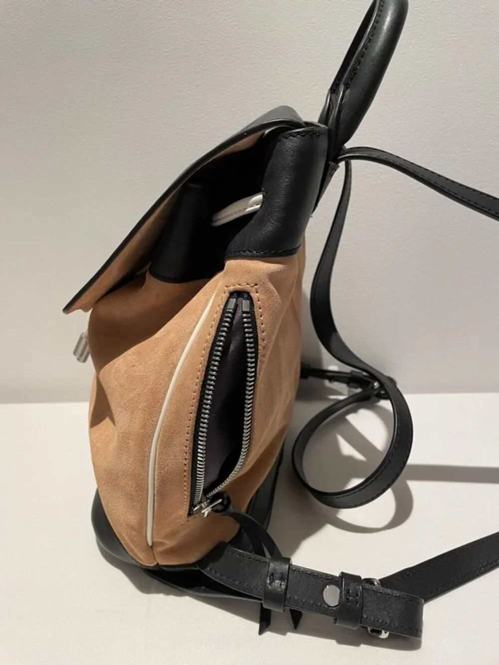 Rag & Bone Suede and Leather Mini Pilot Backpack Purse Rose Desert Black